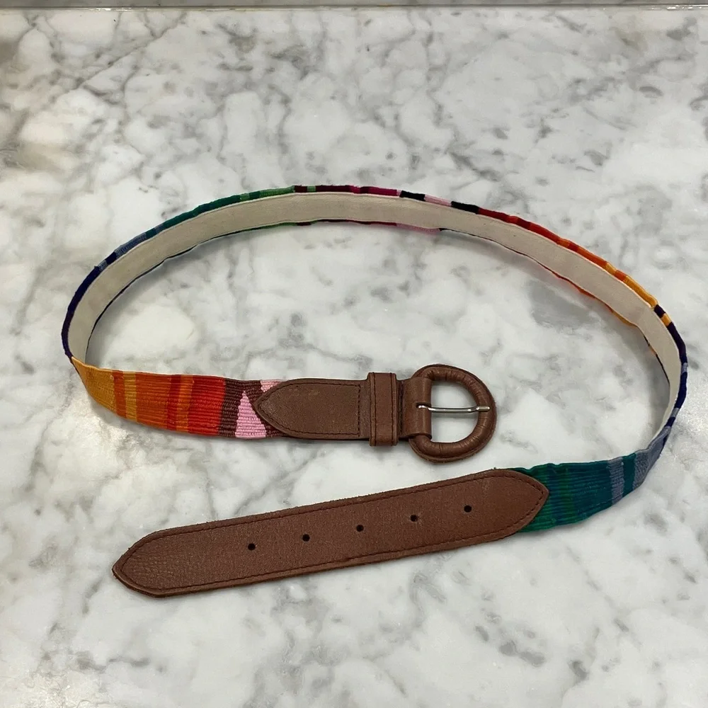 Vintage Colorful Striped Belt with Brown leather Buckle adjustable Guatemala OS